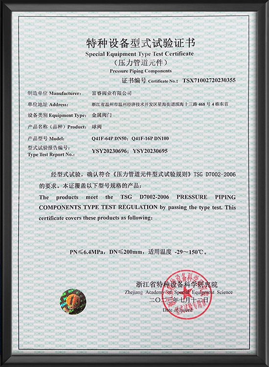 特种设备型式试验证书